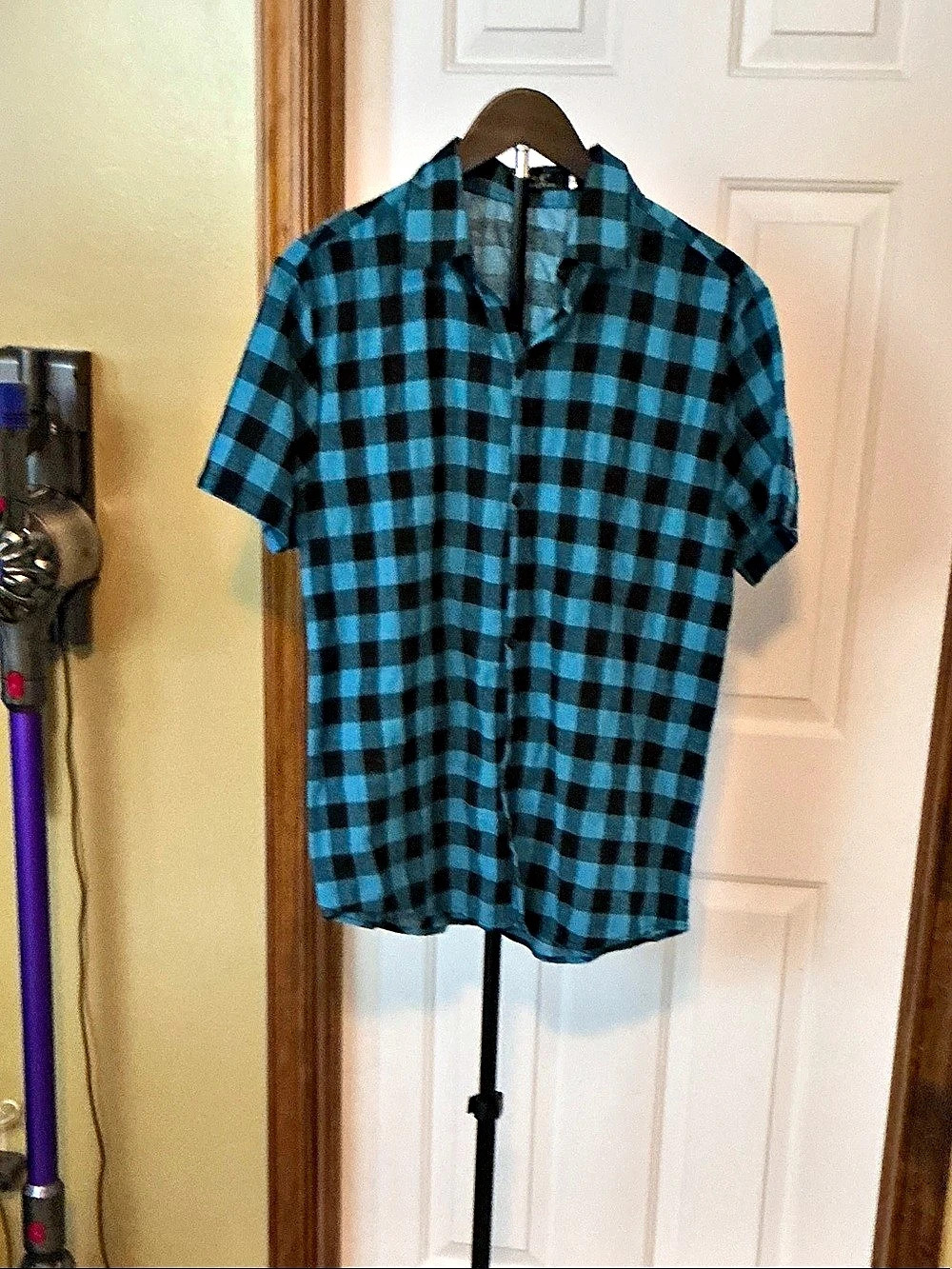 hanMing Xuan Checkered Short Sleeve Shirt in Blue & Black Size XL